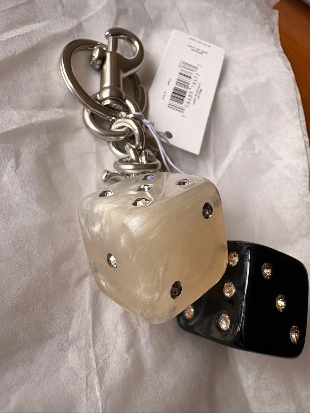 Coach Silver Keyring with Black and Pearl Dice Charms